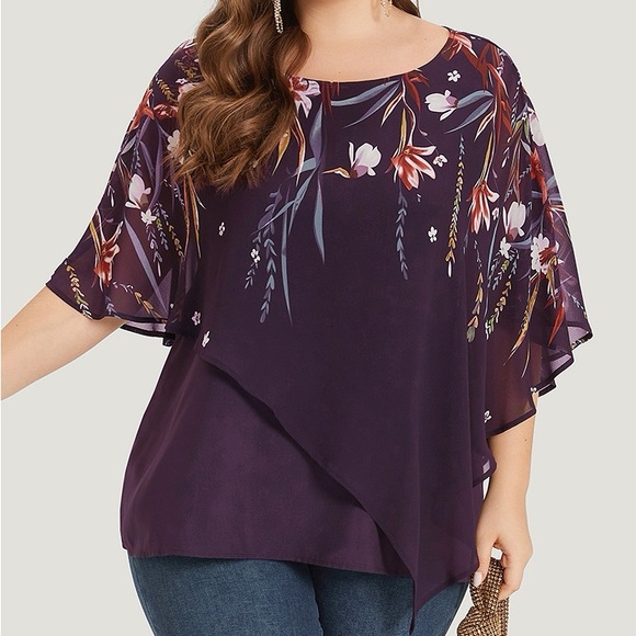 BloomChic Tops - BloomChic Purple Floral Asymmetrical Blouse Plus Size 1X